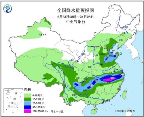 全国降水量预报图(6月23日08时-24日08时)