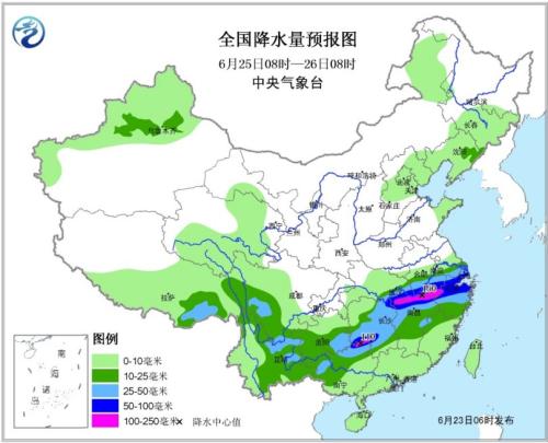 全国降水量预报图(6月25日08时-26日08时)