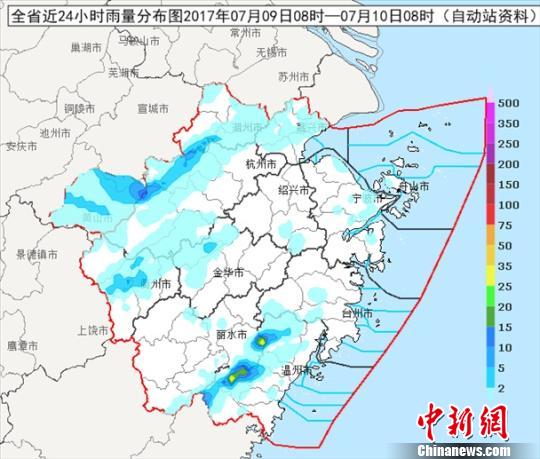 浙江省近24小时雨量分布情况。浙江天气网提供